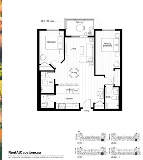 A black and white image of a floor plan for a unit with a patio.